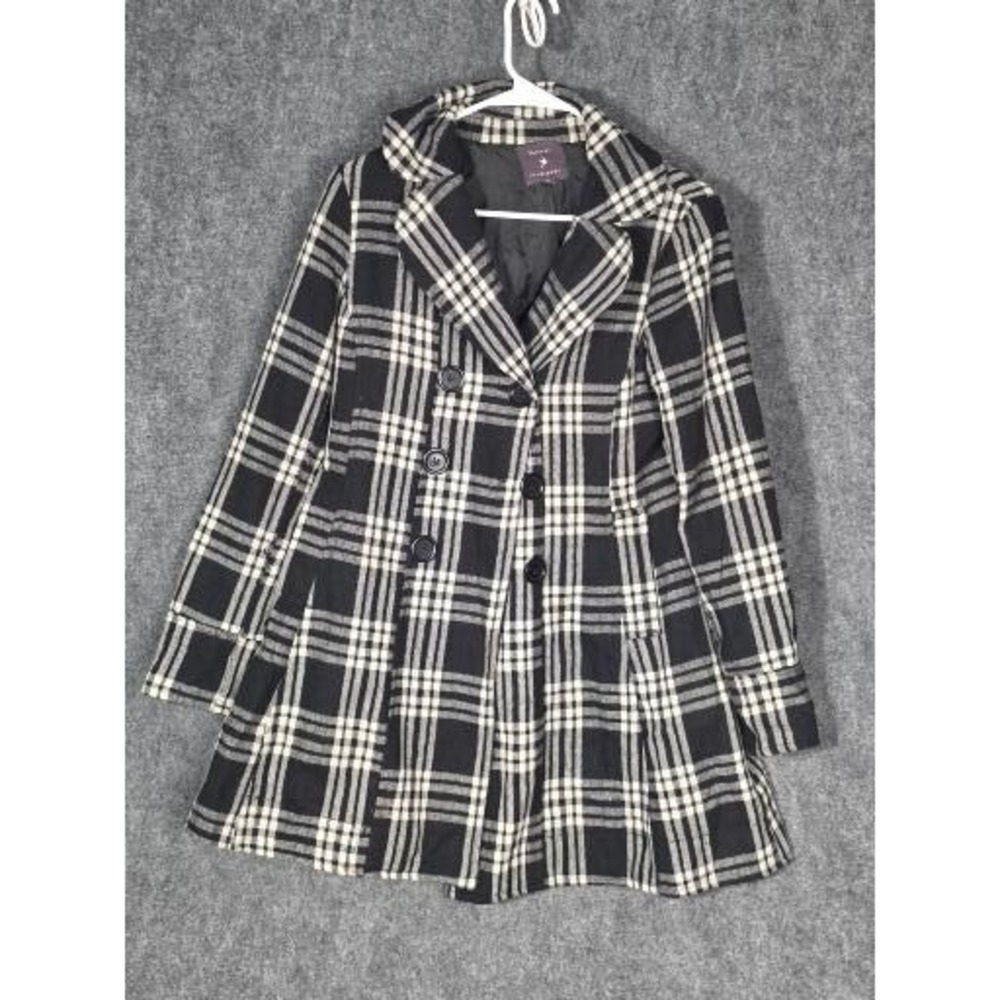 Forever 21 Women Plaid Double Breasted Trench Coat‎ Black White Sz M Winter Work